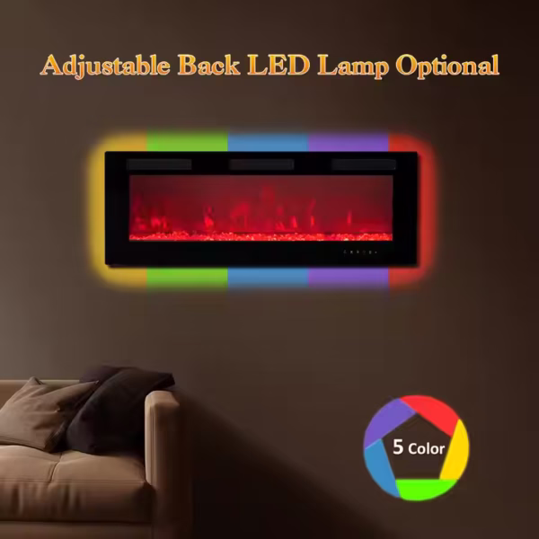 50 Inch Electric Fireplace Indoor Built In Led Light Insert Wall Mount Fireplace Decorative Flame Adjustable Timer Room Heater - Image 5